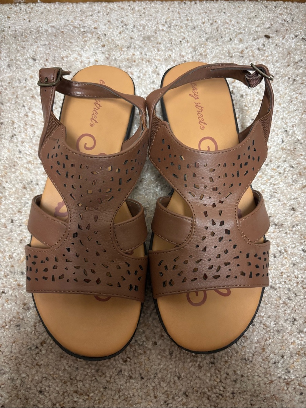 easy street Brown Perforated Leather Strap Sandals